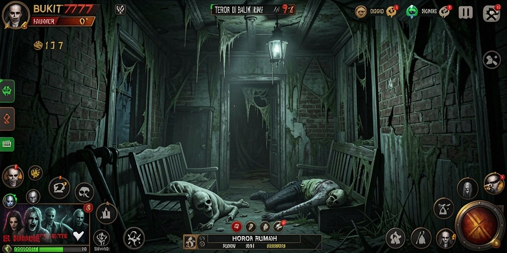 Antarmuka menegangkan dalam BUKIT777 saat menjelajahi rumah berhantu.